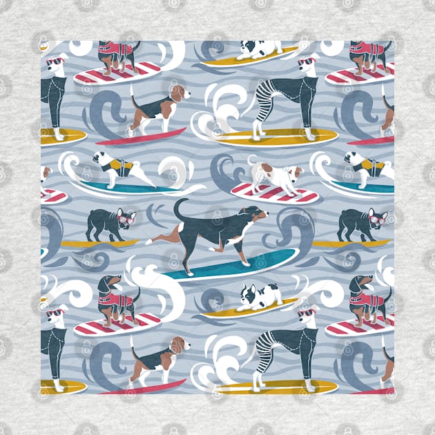 Happy dogs catching waves // pattern // pastel blue background darker blue waves brown white and blue doggies yellow red and turquoise surf and bodyboards by SelmaCardoso